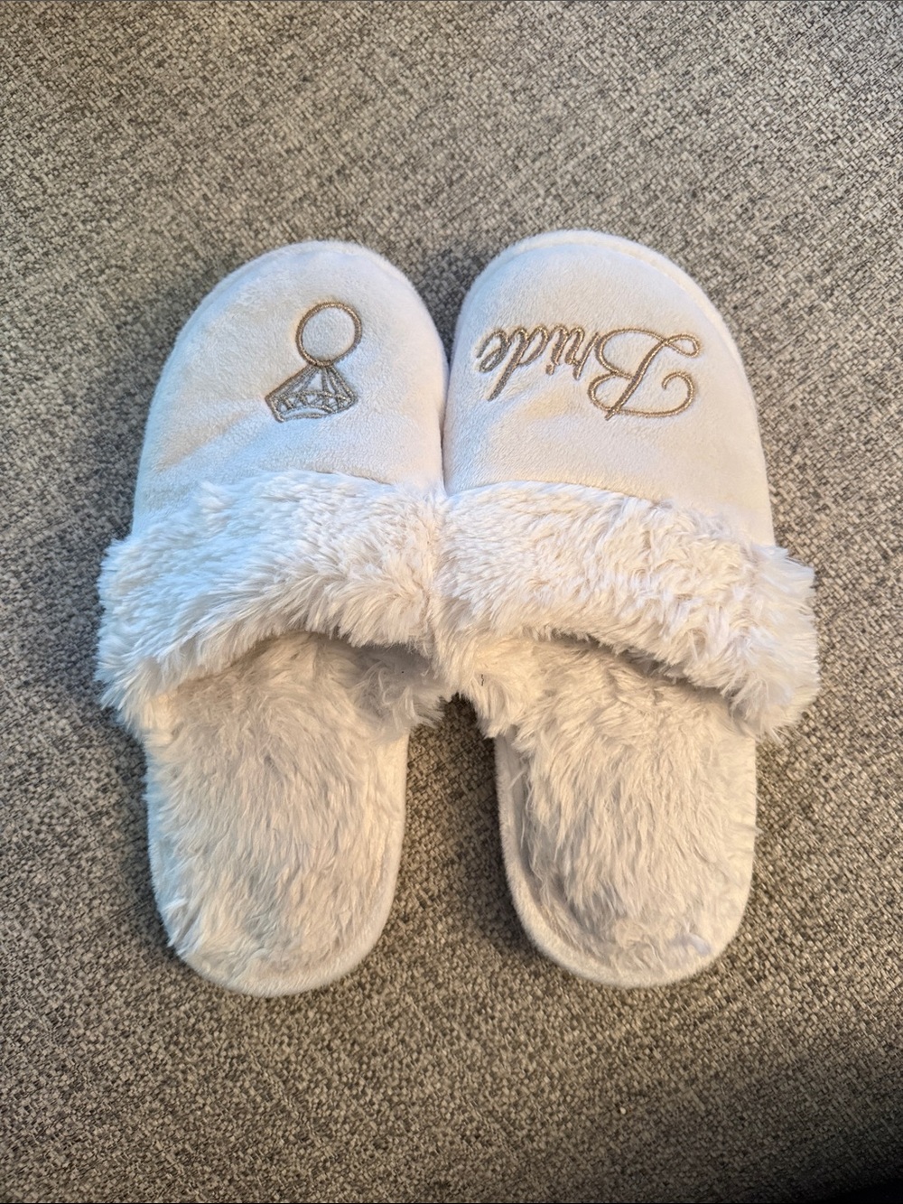 David's Bridal White Fuzzy Slide Slippers with Embroidered Ring and Script